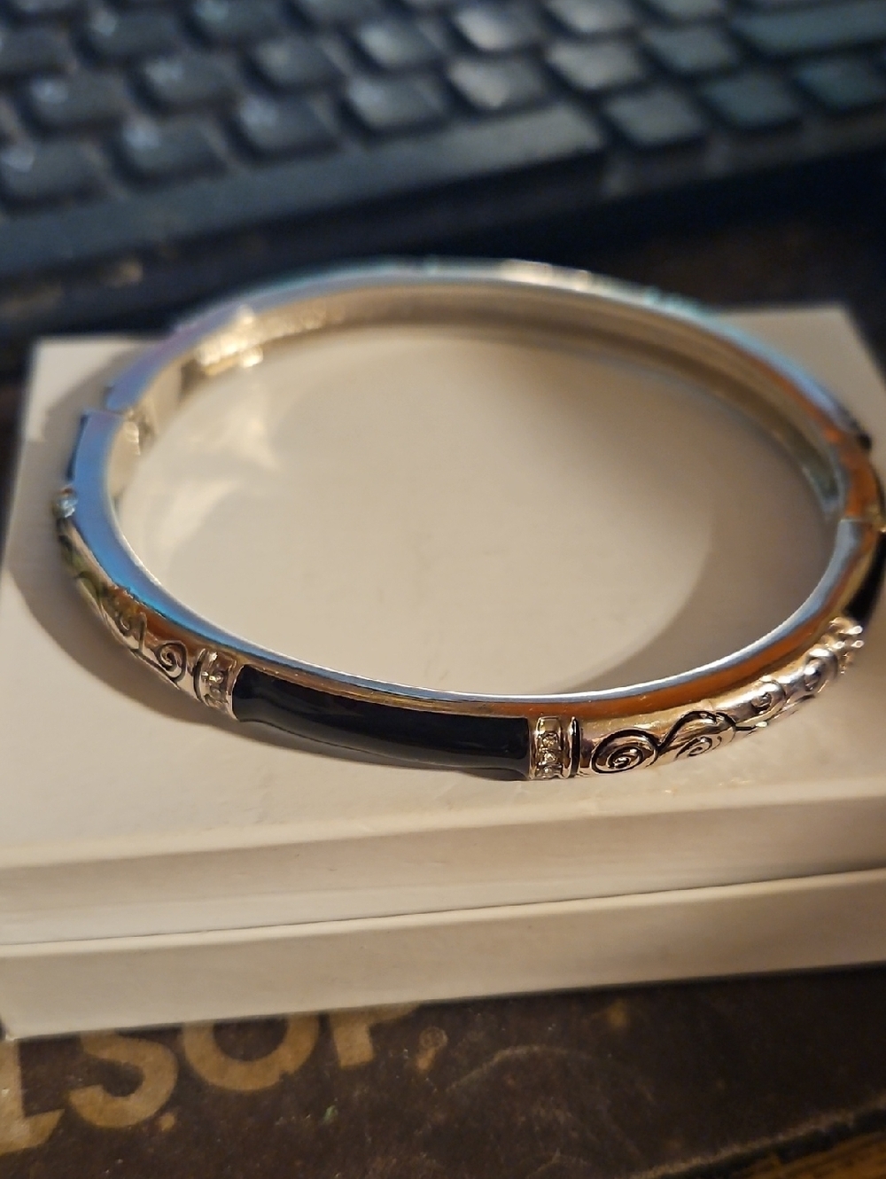 Silvertone Black Scrolled Clamper Bracelet